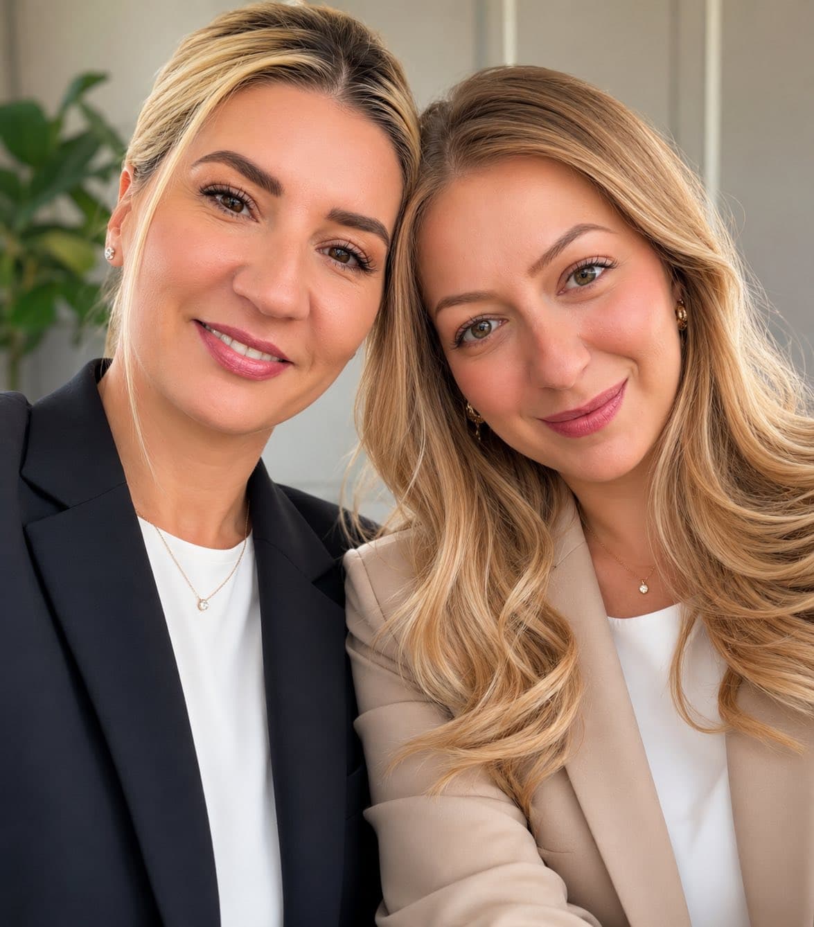 Zwei lächelnde blonde Frauen in schwarzem und beigem Blazer lehnen ihre Köpfe vertraut aneinander.